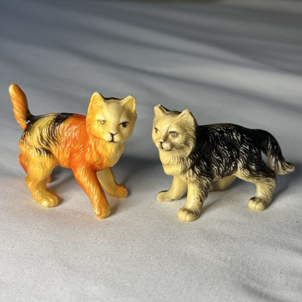 Vintage Miniature Cat Figures Hong Kong Dollhouse Hard Plastic Kitten Tabby